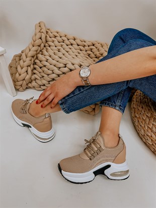 Bej Triko (Melborn) Taş Detay Kadın Bağcıklı Sneakers