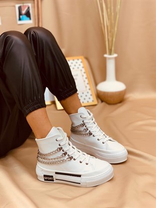 Beyaz Deri (Misty) Zincir Detaylı Kadın Yüksek Tabanlı Sneakers