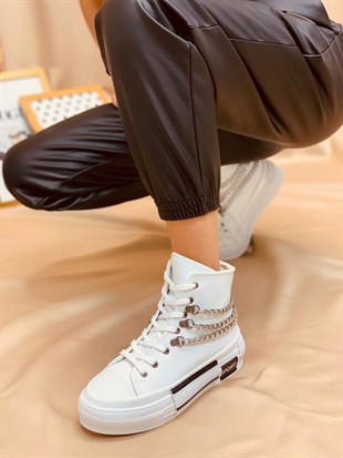 Beyaz Deri (Misty) Zincir Detaylı Kadın Yüksek Tabanlı Sneakers
