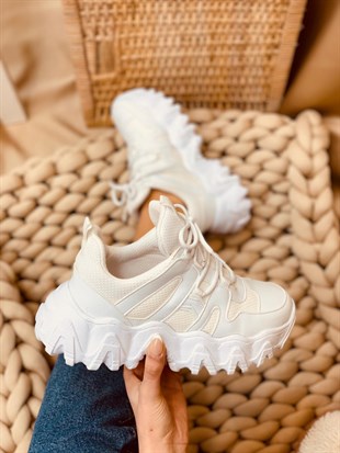 Beyaz Deri (Ripple) Kadın Bağcıklı Sneakers
