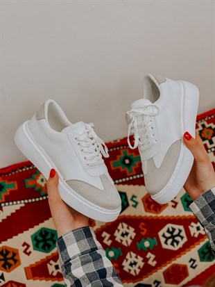 Beyaz Gri (Chicago) Kadın Bağcıklı Sneakers