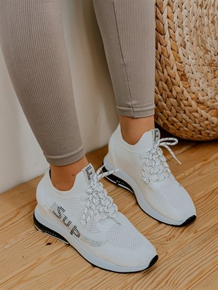 Beyaz Triko (Sup) Taş Detay Kadın Bağcıklı Sneakers