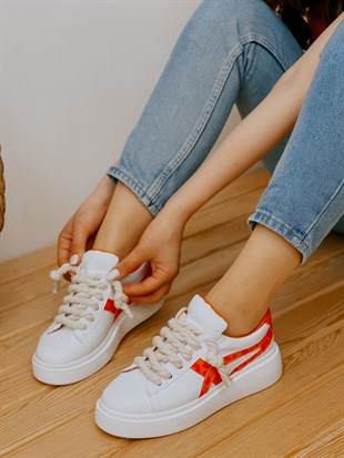 Beyaz Turuncu (Kansas) Kadın Bağcıklı Sneakers