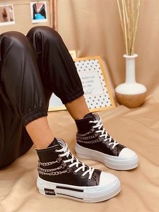Siyah Deri (Misty) Zincir Detaylı Kadın Yüksek Tabanlı Sneakers