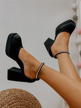 Siyah Saten (Rasha) Taş Detay Platform Ayakkabı