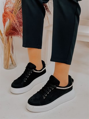 Siyah Süet (Jersey) Taş Detay Kadın Bağcıklı Sneakers