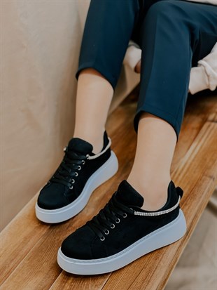 Siyah Süet (Jersey) Taş Detay Kadın Bağcıklı Sneakers