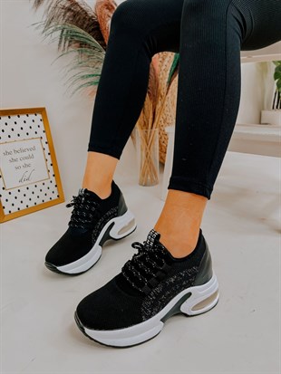 Siyah Triko (Melborn) Taş Detay Kadın Bağcıklı Sneakers