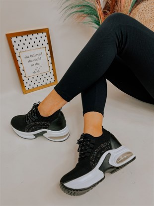 Siyah Triko (Melborn) Taş Detay Kadın Bağcıklı Sneakers